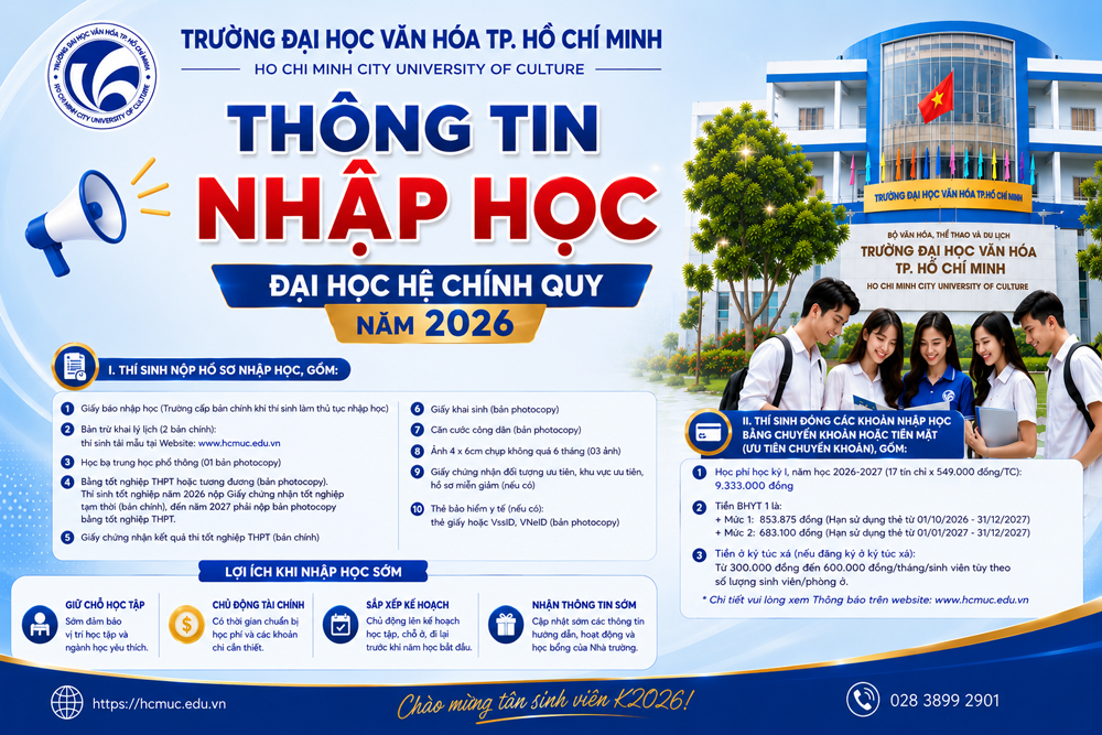 Trường Đại học Văn hóa TP.HCM thông báo về thông tin nhập học trình độ đại học hệ chính quy năm 2026